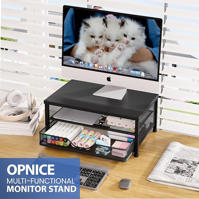 OPNICE Computer Monitor Stand Riser, Desk Organizer with Drawer, Printer & Laptop Stand, Office Desk Accessories & Workspace Desktop Organizers Storage for Office Supplies(Black) - Image 2