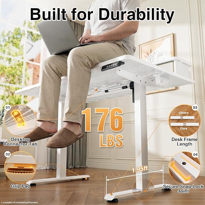 Veken 47x28 in Electric Standing Desk with Drawers, Adjustable Table, White | Stand up Computer Desk for Home Office, Work & Study, with Storage, 3 Memory Presets, Cable Organizer, Hook, and Quiet Lift. - Image 6