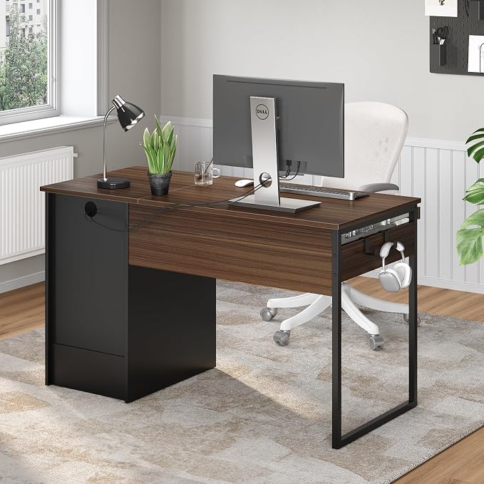 Bestier 48” Computer Desk with Drawers, Office Desk with Storage, Industrial Wood Writing Desk with File Drawer, Keyboard Tray & 2 Hooks for Home Office & Studio, Cherry - Image 2