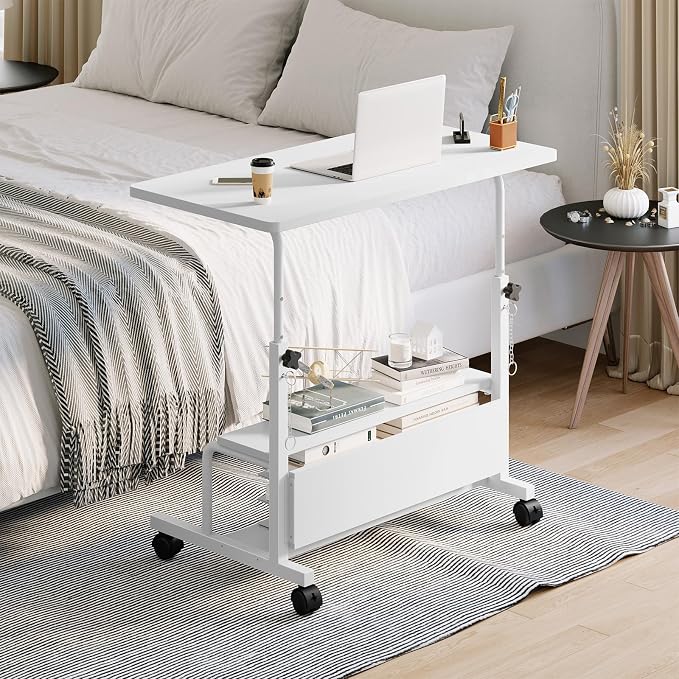 DUMOS Rolling Desk, Storage Shelves, Laptop Table, Home Office | Height Adjustable Design, Computer Desks on Wheels, Portable for Small Spaces Use, White - Image 7
