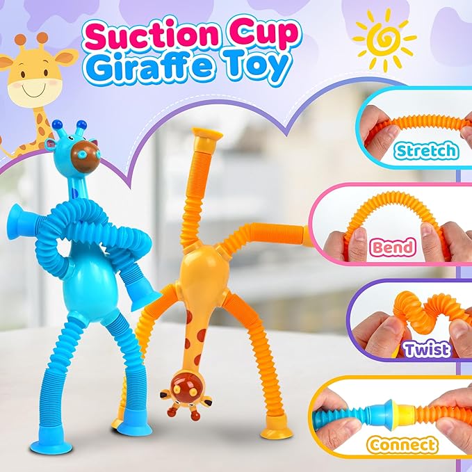 Giraffe Sensory Travel Toys 4Pcs for Road Trip Car Ride Airplane Toddler Girl Year Old Ages 3 4 5 6 7 8, Suction Autism Pop Tube Fidget Toy Autistic Valentines Day Stocking Easter Basket Stuffer Gift - Image 5