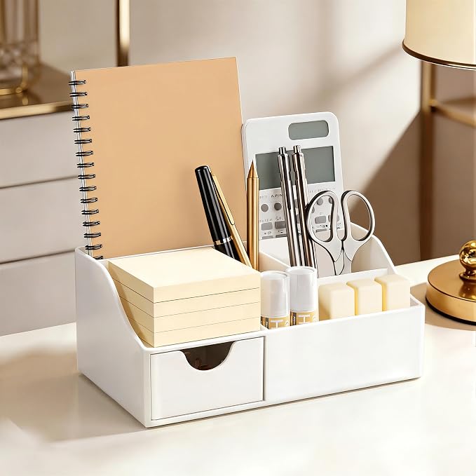 HBlife Acrylic Desk Organizer with Drawer, Pen & Pencil Holder, Multifunctional Desktop Caddy for Office Supply and Organization (White) - Image 6