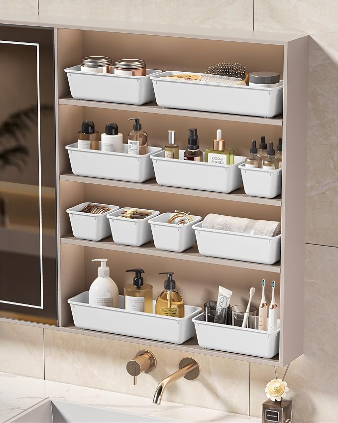 KEMETHY 25 PCS Plastic Drawer Organizers Set, 4 Sizes Vanity Organizer, Makeup and Desk Drawer Organizer Trays, Organization and Storage for Makeup, Bathroom, Kitchen Utensils and Office (White) - Image 7