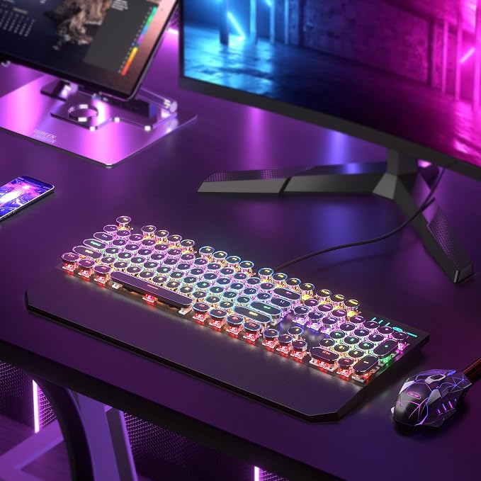 Retro Typewriter Keyboard and Mouse Combo, Cute Black Keyboard with Linear Red Switches, Full Size Wired Mechanical Gaming Keyboard, Cool Light Up Keyboard and Mouse for Gaming,Work,Mac,PC,Windows - Image 7