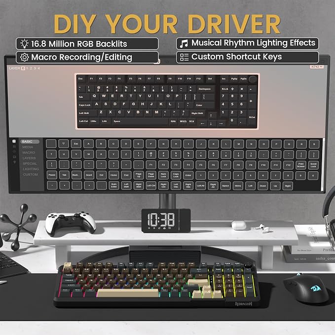 Redragon K742 Wireless Mechanical Gaming Keyboard with Knob, Bluetooth 5.0/2.4GHz/USB C Wired Creamy Keyboard with Number Pad for PC Computer, RGB Backlits, Hot-Swappable with Linear Switches (Brown) - Image 3