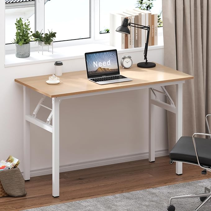 Need Office Computer Desk 39.3 Inch Sturdy Folding Laptop Table Pink Oak | White Frame Writing Gaming Work Table/Foldable Home Office Desk/Sewing Table, No Assembly Required - Image 2