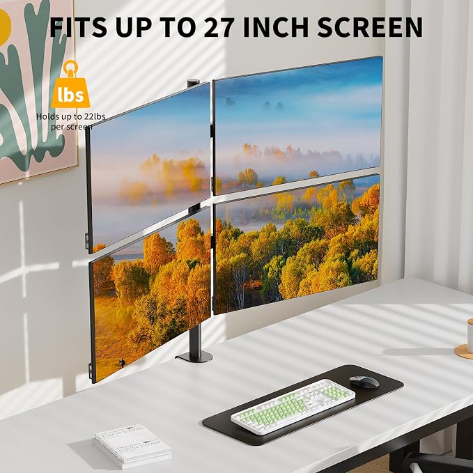 Black Quad Monitor Arm Mount for 13-27 Inch Screens | Ultrawide Screens Up to 34 inch Fully Adjustable Stand with C-Clamp/Grommet Base Max VESA 100x100 Each Screen Capacity 22lbs - Image 2
