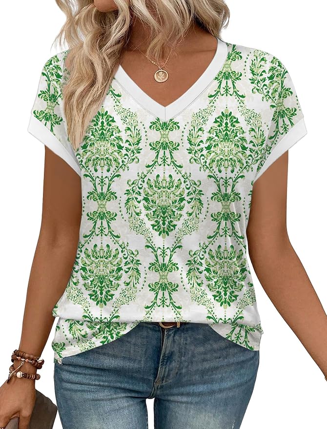 WIHOLL Womens Summer Tops 2026 Cap Short Sleeve Shirs V Neck T Shirts Fashion Beach Vacation Clothes Color Block - Image 2