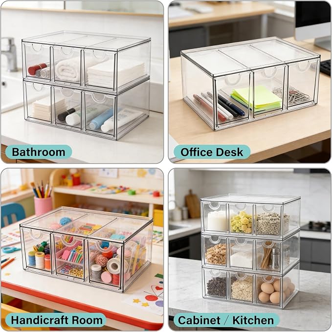 Prsildan Craft Art Supply Organizer Stackable Storage Drawer with 9 Drawers | Clear Acrylic, Tea Bag K Cup Organizer, for Kitchen Office Desk Vanity Makeup Organizer, 3 Pack - Image 8