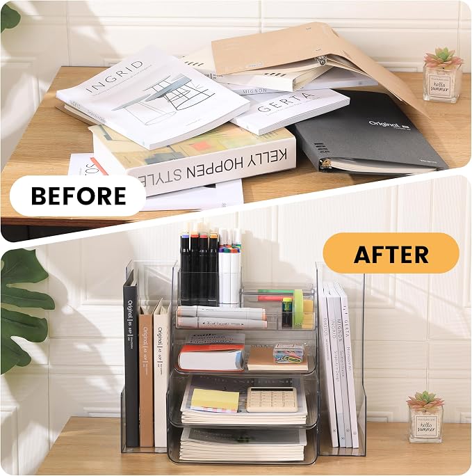 CiWiVOKi Desk Organizer with 2 Vertical File Holder, 4 Tier Stackable Paper Letter Tray File Organizer with 5-Compartments Pen Holder, Clear Desktop Organizer Office Organization and Storage - Image 7