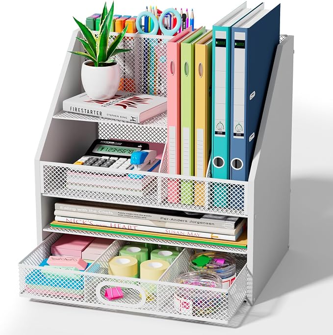 Homsorout Wooden Desk Organizer - Mesh File Organizer with Drawers and Pen Holder - 4-Tier Vertical Paper Letter Storage Tray, Desktop Organizers and Accessories for Home Office （White by Homsorout