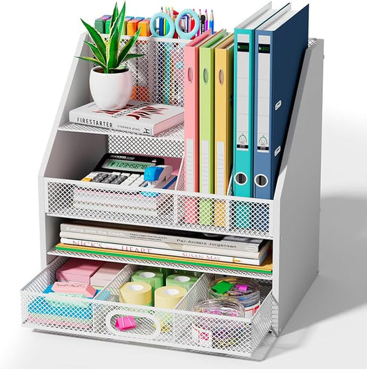 Homsorout Wooden Desk Organizer - Mesh File Organizer with Drawers and Pen Holder - 4-Tier Vertical Paper Letter Storage Tray, Desktop Organizers and Accessories for Home Office （White by Homsorout