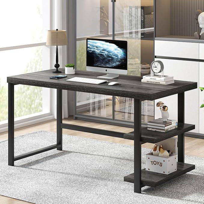 FOLUBAN 47 Inch Computer Desk with Storage Shelves, Modern Home Office Desk, Small Study Writing Desk Gaming Table Workstation for Bedroom Living Room, Industrial Dark Gray - Image 3