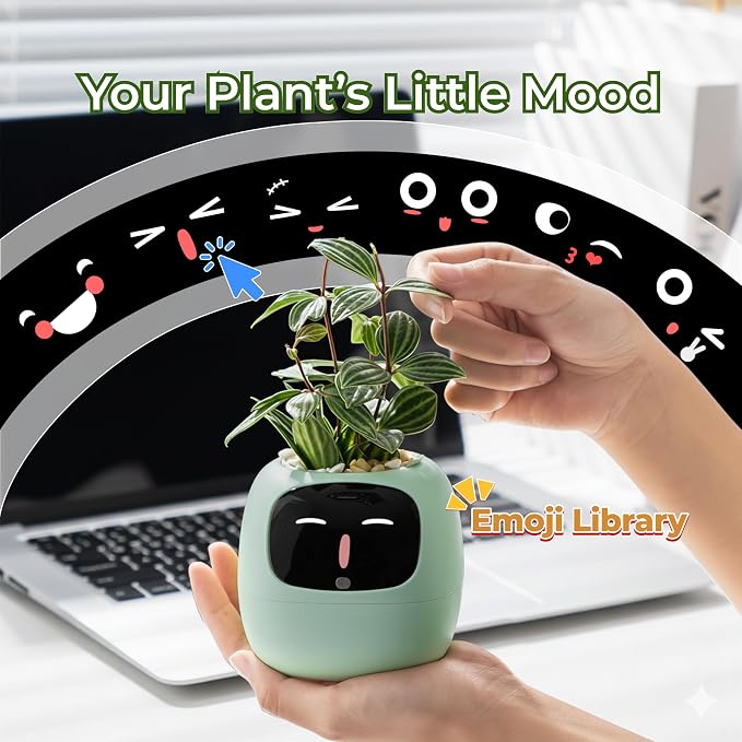 PLANTSIO Smart pet Planter Robot Guidance on Plant Care with Emojis, Adorable Plant Companion with Rich Gesture Interaction, Neat Desk Setup Gift (Green) - Image 3