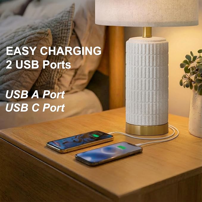 PoKat 21.5'' Stone-Like Bedside Table Lamps Set of 2 for Bedroom with 2 USB A+C, Modern Lamps for Living Room, Ceramic Nightstand Desk Lamps with Charging Ports Office Dorm Sideboard (Frosted White) - Image 3