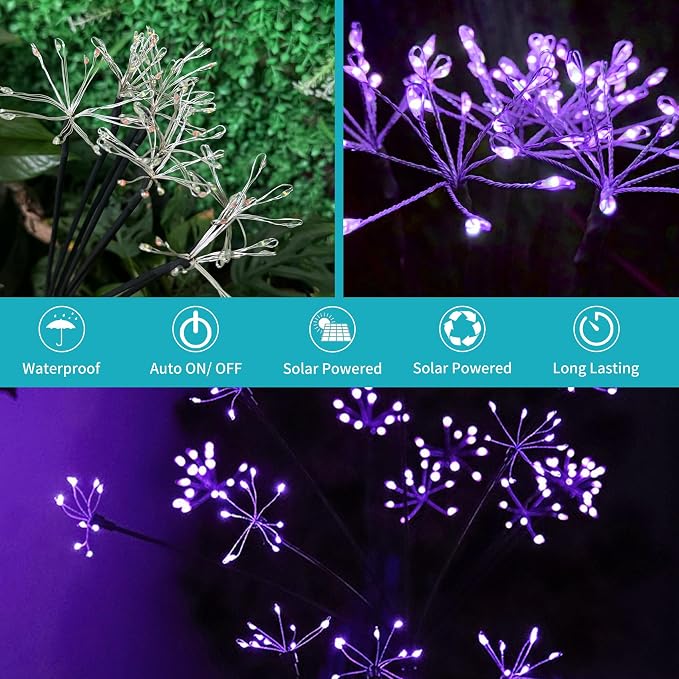 JJGoo Solar Garden Lights, New Upgraded 2 Pack Solar Swaying Starburst Light, Waterproof Fireworks Outdoor Lights, Yard Patio Pathway Decoration, Purple - Image 5