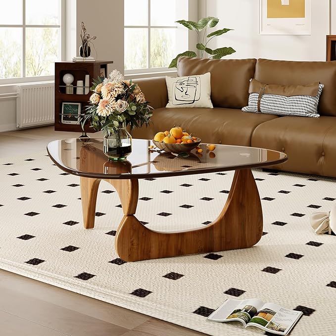 Coffee Table for Living Room Mid Century Modern Center Table with Glass Top and Wood, 32 Inch, Brown/Walnut - Image 3