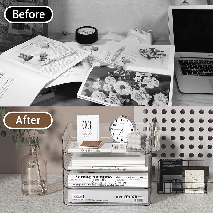 FANXIYQ 4-Tier Horizontal Acrylic Paper Tray Organizer with Pen Holder | Clear Stackable Desk Organizer for Documents, Letters, A4 Paper | Modern Office/Classroom/Home Organization - Image 6