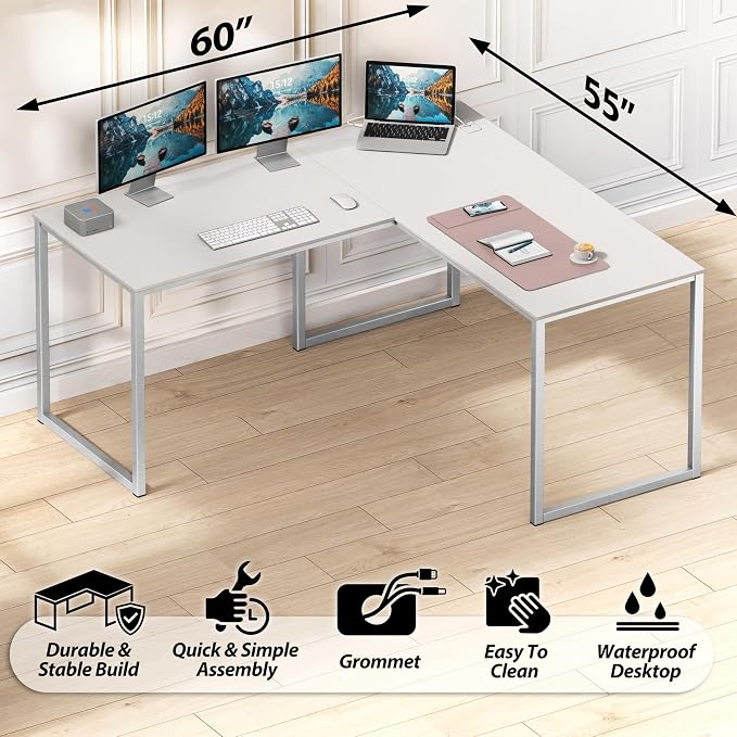 SHW Mission 55 x 60 L-Shape Home Office Computer Desk, White | Reversible Desktop Design - Image 4