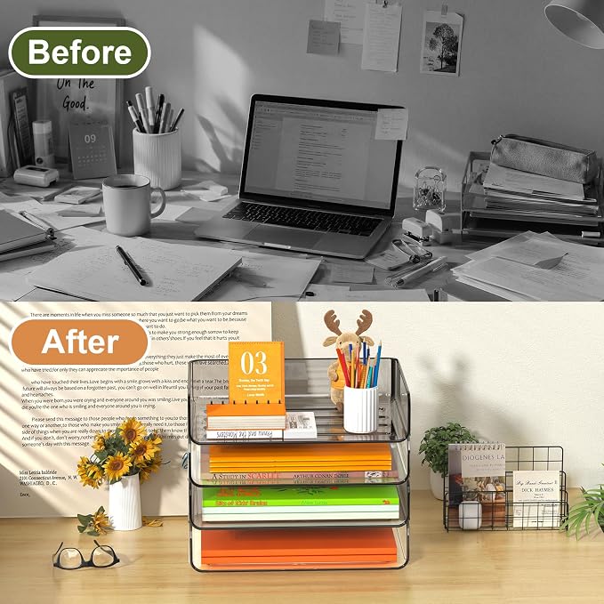 FANXIYQ 4-Tier Acrylic Paper Tray Organizer, Clear & Brown Paper Organizer | Stackable, Tool-Free Design with 2-4 Tiers for A4 Paper, Files, Books and Mail; Ideal for School, Home Office and Study Room - Image 6