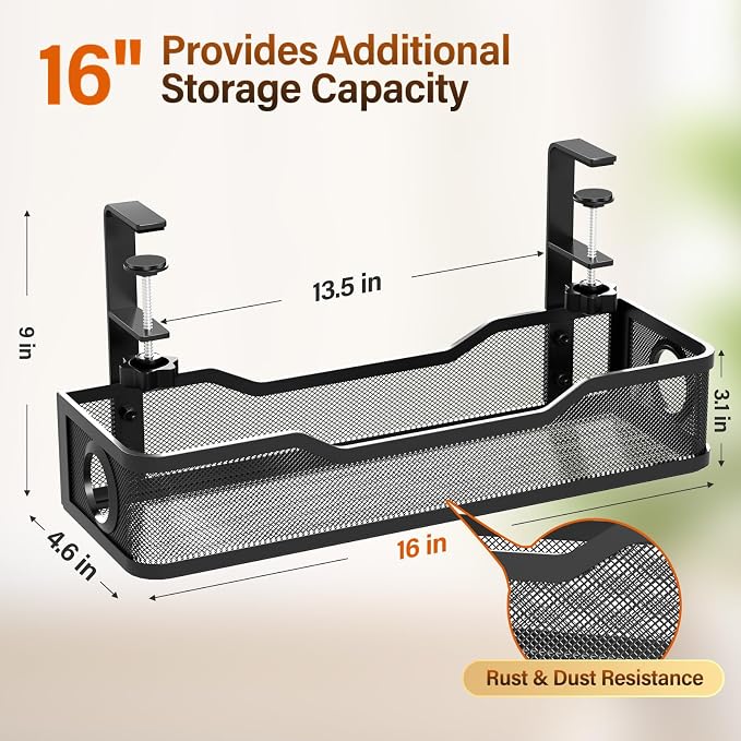 [Upgraded] 2 Pack Under Desk Cable Management Tray, Cinati Cord Organizers for Table Thickness up to 3", 16" Wire Organization with Clamp No Drill, Cable Management Box for Office - No Damage to Desk - Image 6