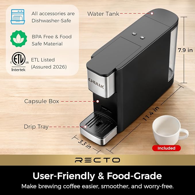 CHULUX RectoCafé Espresso Machine for Nespresso Original Pod, Metal & Black | Extra Mini Design, 20 Bar Professional Italian Pump, Food-Grade Materials, Quiet with Low-Vibration Brewing for Home & Office - Image 6