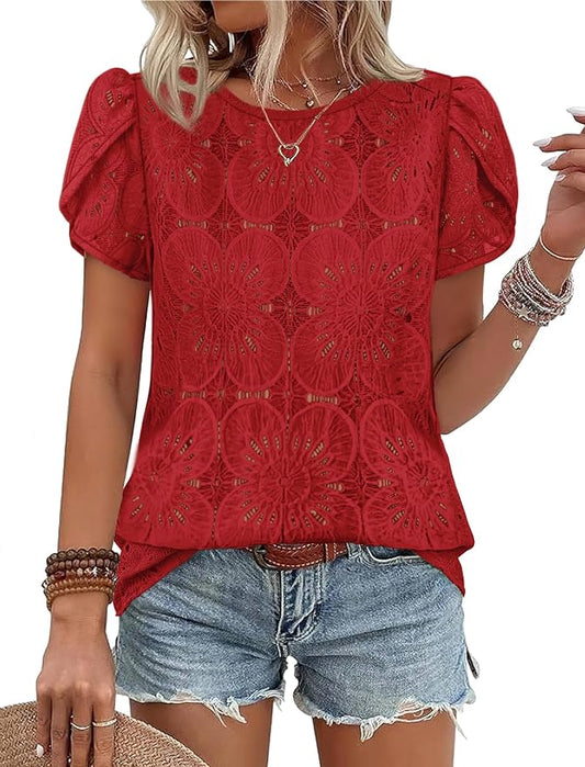 OFEEFAN Blouses for Women Dressy Casual Petal Short Sleeve Shirts Crochet Lace Boho Tops Spring Fashion Summer Outfits by OFEEFAN