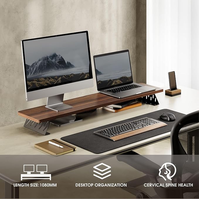 Fenge Dual Monitor Stand Riser, 42.5 Inch Desk Top Shelf for 2 Monitors, Computer Stands for Desk, Wood & Steel Desktop Riser for Laptop, PC, Printer - Image 8