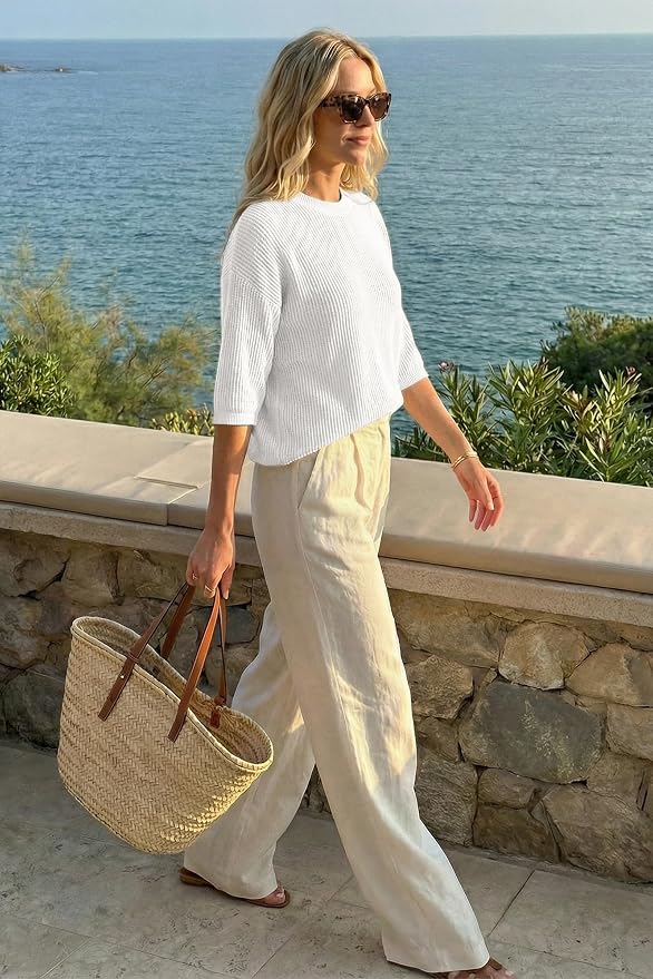 Arach&Cloz Womens Summer 100% Cotton Oversized Crochet Tops 3/4 Length Sleeve Sweater Hollow Out Casual Blouses 2026 - Image 5