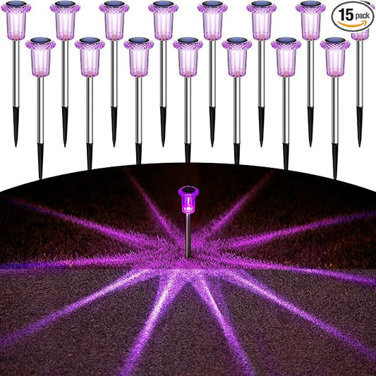 DenicMic Solar Halloween Lights Outdoor 15 Pack Purple LED Halloween Decor | Yard Garden Pathway Walkway Driveway Landscape Spike Style Starburst Light Pattern, IP65 Waterproof, Acrylic/Stainless Steel by Denicmic