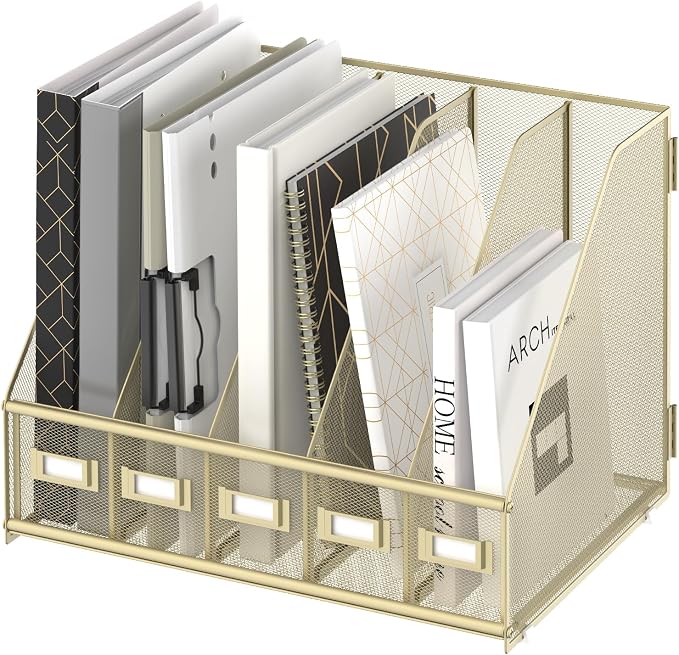 SUPEASY Desk Organizers Metal Desk Magazine File Holder with 5 Vertical Compartments Rack File Organizer for Office Desktop, Classroom, Home Workspace, Golden Yellow by SUPEASY