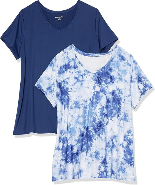 Amazon Essentials Women's Active Quick Dry Tech Stretch Short-Sleeve V-Neck T-Shirt (Available in Plus Size), Pack of 2 by AmazonEssentials