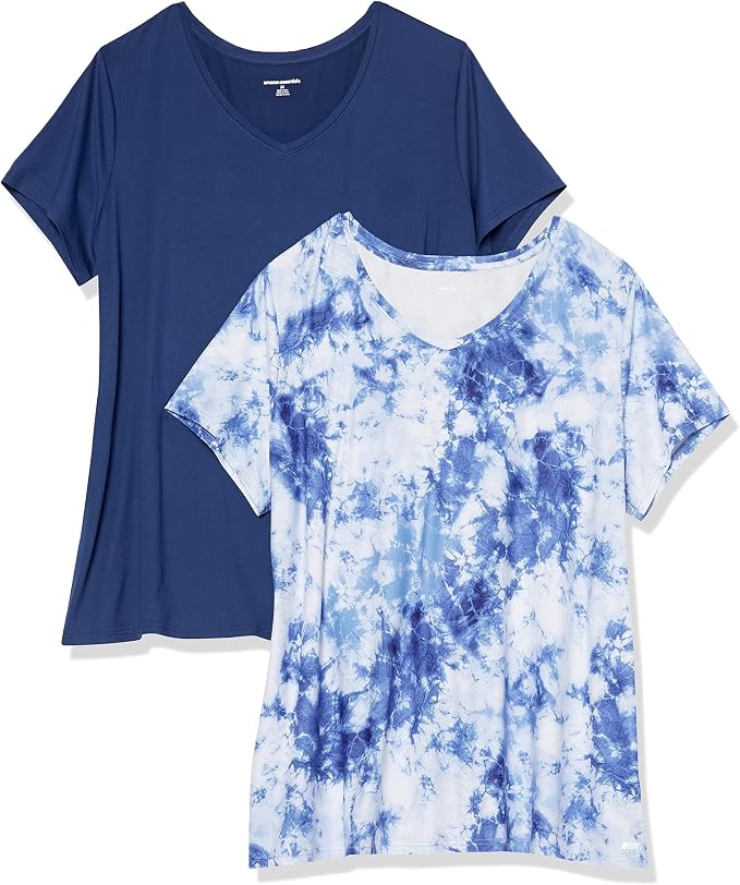 Amazon Essentials Women's Active Quick Dry Tech Stretch Short-Sleeve V-Neck T-Shirt (Available in Plus Size), Pack of 2 by AmazonEssentials