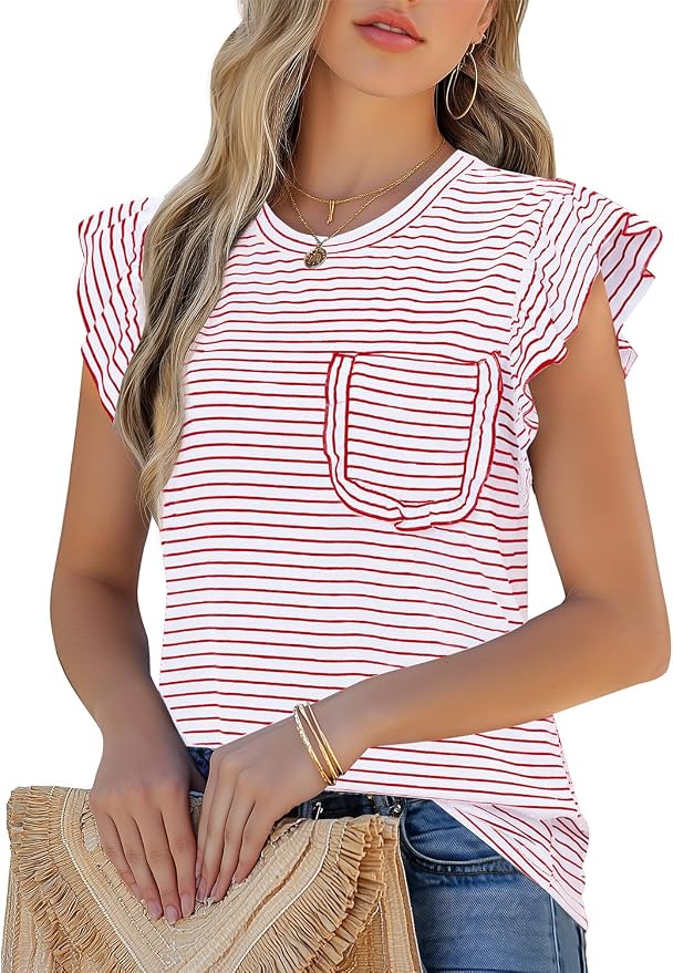 JUSTFASHIONNOW Womens Summer Tops Striped T-Shirts 2026 Ruffle Short Sleeve Crew Neck Casual Blouses with Pocket by Justfashionnow