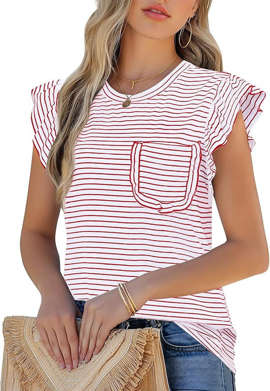 JUSTFASHIONNOW Womens Summer Tops Striped T-Shirts 2026 Ruffle Short Sleeve Crew Neck Casual Blouses with Pocket by Justfashionnow