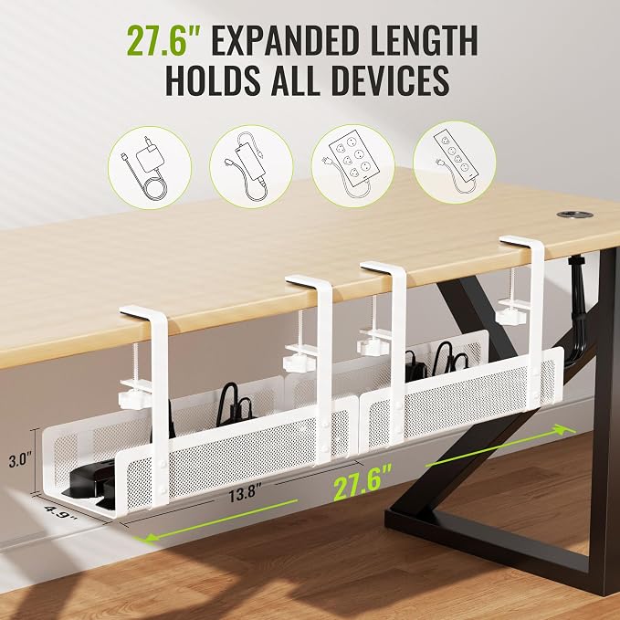 [Upgraded] 2 Pack Cable Management Under Desk Tray, Xpatee 27.6" No Drill Open Slots Cable Management Tray, Cord Wire Organizer Box with Clamp for Table Thickness up to 3" - No Desk Damage(White) - Image 7