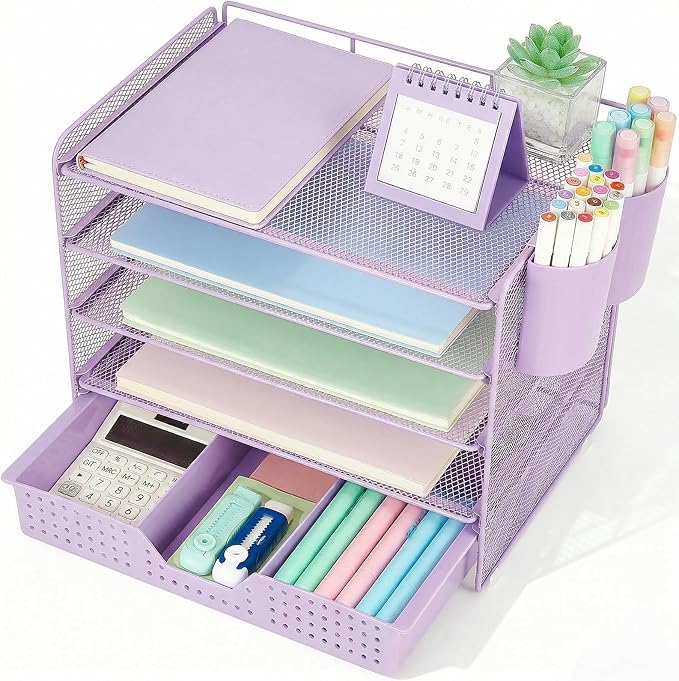 LEKETREE Desk Organizers and Accessories, 5-Tier Paper Letter Tray Organizer with Drawer & 2 Pen Holders, Desktop Organizer for Office Supplies (Purple) by Stylishworkspaceeffortlessorganization