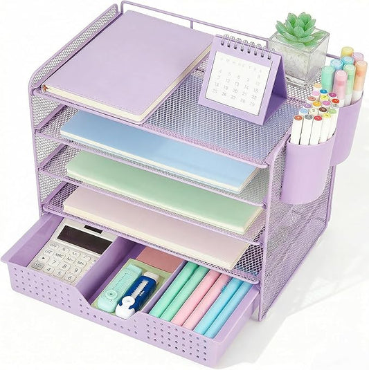 LEKETREE Desk Organizers and Accessories, 5-Tier Paper Letter Tray Organizer with Drawer & 2 Pen Holders, Desktop Organizer for Office Supplies (Purple) by Stylishworkspaceeffortlessorganization