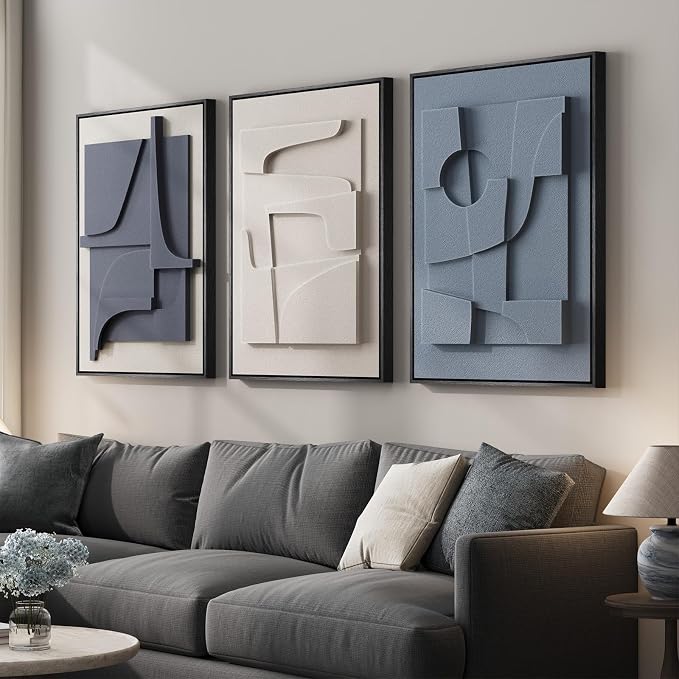 Large 3D Textured Framed Blue and White Abstract Wall Art, 3 Piece Modern Artwork for Walls, Minimalist Navy Blue Geometric Paintings for Living Room, Bedroom, Dining Room, Office Wall Decor 20x30 In - Image 2