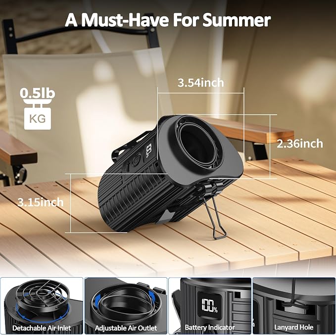 Portable Mini Waist Fan, Personal Waist Clip Fan With Max 20H Working Time, 5 Speeds 11000RPM Strong Airflow, Rechargeable Hands-free Wearable Belt Fan for Outdoor Jobsite Camping Traveling Fishing - Image 5