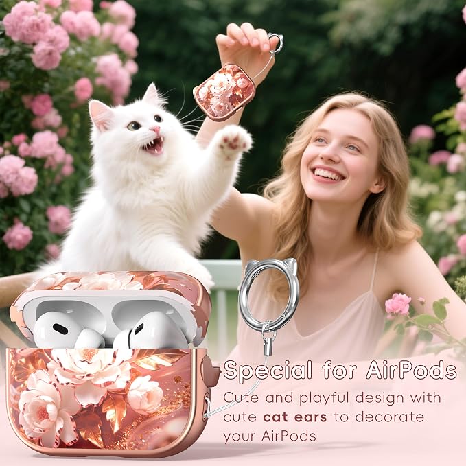 for AirPods Pro 2 Case with Cleaning Kit, Cute Cat Ear Print Design & Cute Buckle for Girls, Phone Holder & Top Safe Lock Buckle Design for AirPods Pro 2nd/1st Gen case, Rose Gold Peony - Image 3