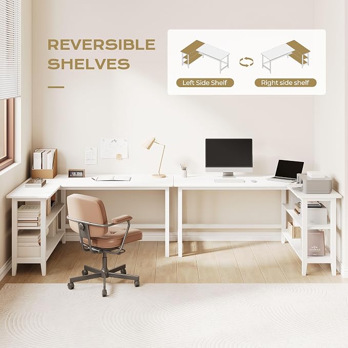 IOTXY Reversible L-Shaped Office Desk - 45" Compact Corner Computer Table with Storage Shelves, Solid Wood Legs, Writing & Study Workstation for Small Spaces, White - Image 4