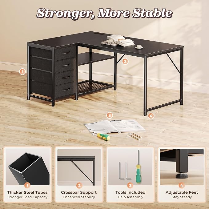 PRAISUN 43.3" Small Computer Desk with Power Outlets & USB-C Port, Reversible L Shaped Corner Office Desk with 4 Fabric Drawers and 2 Adjustable Storage Shelves, for Gaming Writing, Black - Image 8
