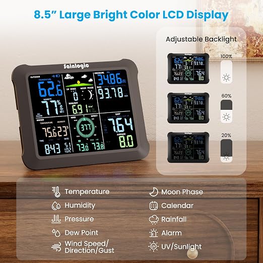Sainlogic 14-in-1 WiFi Smart Weather Station with 24H/ 7Days Accurate Weather Forecast by Weatherseed® AI, 8.5" Large Display,UV,Sun Light,Rain Gauge,Wind Gauge,2-Year Data Storage & Export(Only 2.4G) - Image 4