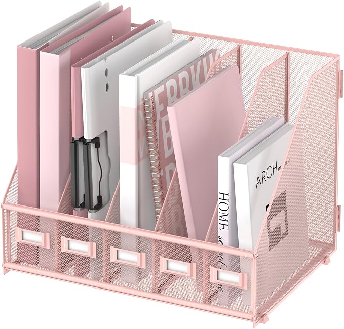 SUPEASY Desk Organizers Metal Desk Magazine File Holder with 5 Vertical Compartments Rack File Organizer for Office Desktop, Classroom, Home Workspace, Pink by SUPEASY