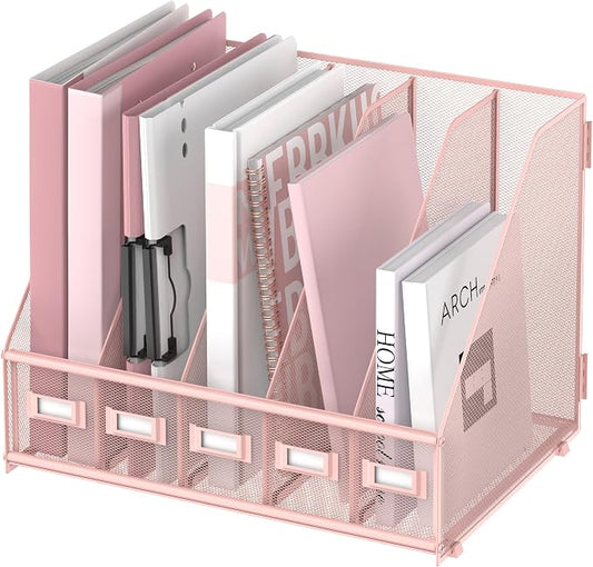 SUPEASY Desk Organizers Metal Desk Magazine File Holder with 5 Vertical Compartments Rack File Organizer for Office Desktop, Classroom, Home Workspace, Pink by SUPEASY