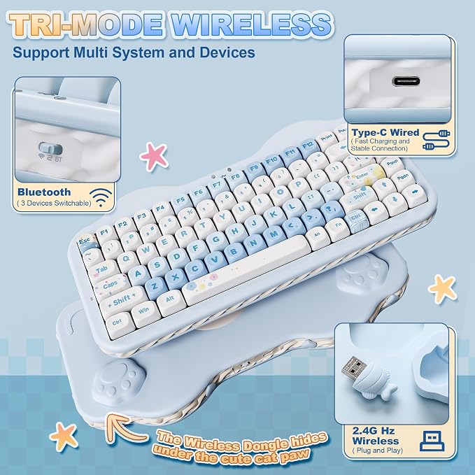 YUNZII C75 Cute 75% Wireless Mechanical Keyboard (Blue, Milk V2 Switch) | Creamy Cake Keyboard, BT5.0/2.4G/USB-C, Hot-Swap, NKRO, PBT MOA Keycaps,5500mAh RGB Gasket Mount for Mac/Win/Gaming/Office - Image 3