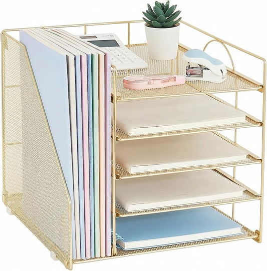 LEKETREE Desk Organizers and Accessories, 5-Tier Paper Letter Tray Organizer with File Holder, Desktop Organizer for Office Supplies (Gold) by Stylishworkspaceeffortlessorganization