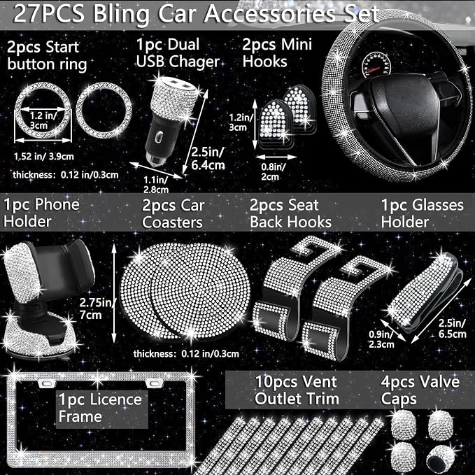 NBTEPEM 27 PCs Bling Car Accessories Set for Women, Steering Wheel Covers Universal Fit 15 Inch, Bling License Plate Frame, Bling Phone Holder, Bling Car Coasters (Silver Diamond) - Image 2