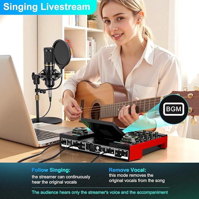 Podcast Microphone Bundle with Live Sound Card Audio Mixer, Podcast Equipment Bundle with 3.5mm Condenser Microphone for Pc/Phone Live Streaming Singing Gaming, Sound Board with Voice Changer, Denoise - Image 6